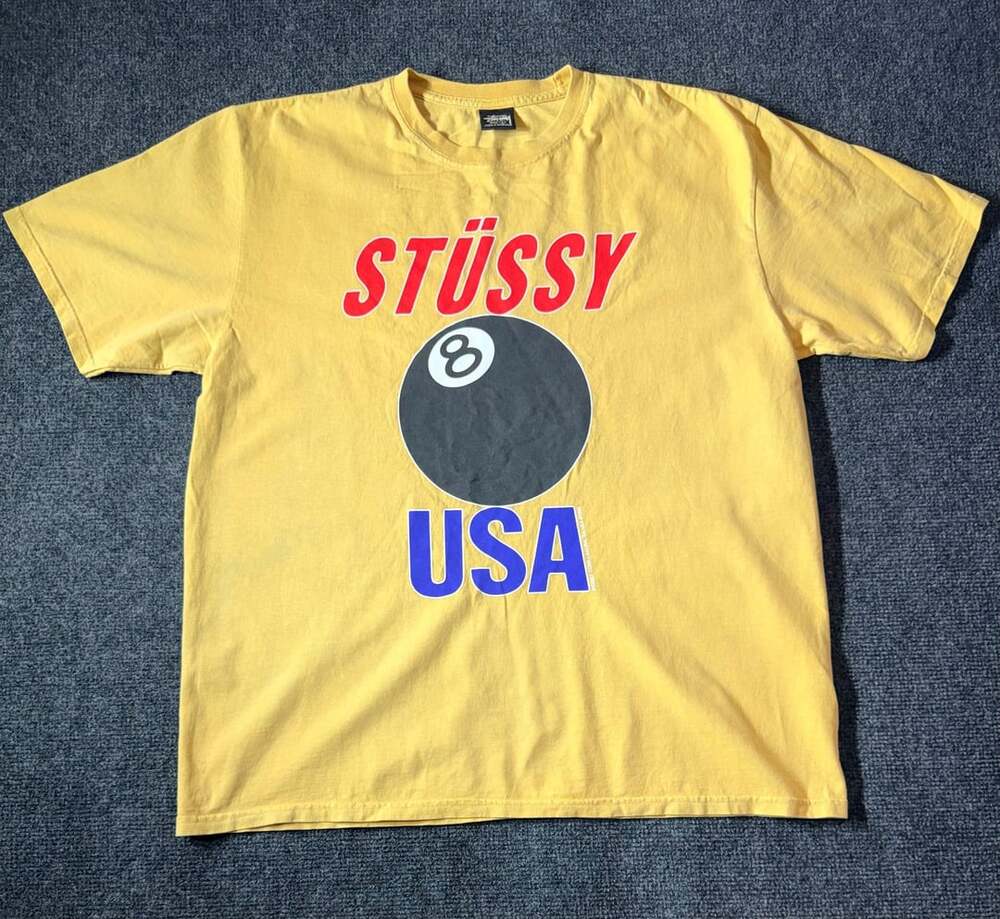 Stussy 8 Ball USA T-Shirt Size L Yellow Graphic Tee